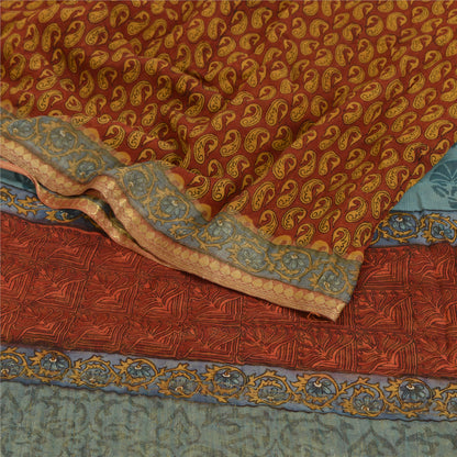 Sanskriti Vintage Saree Dark Red Pure Chiffon Silk Printed Sari Craft Fabric