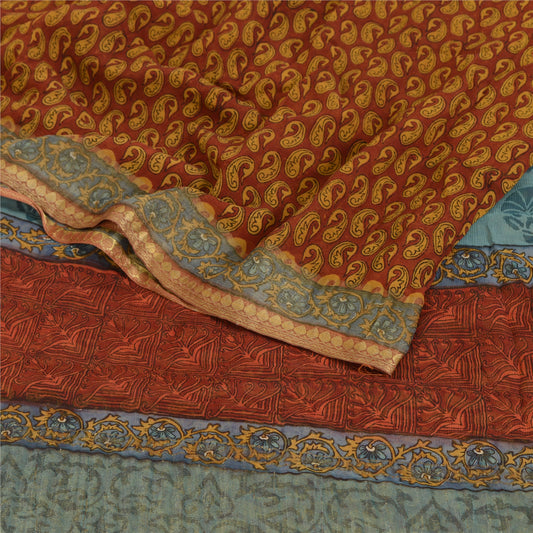 Sanskriti Vintage Saree Dark Red Pure Chiffon Silk Printed Sari Craft Fabric
