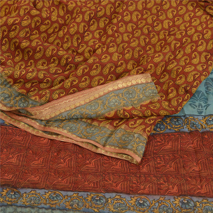 Sanskriti Vintage Saree Dark Red Pure Chiffon Silk Printed Sari Craft Fabric