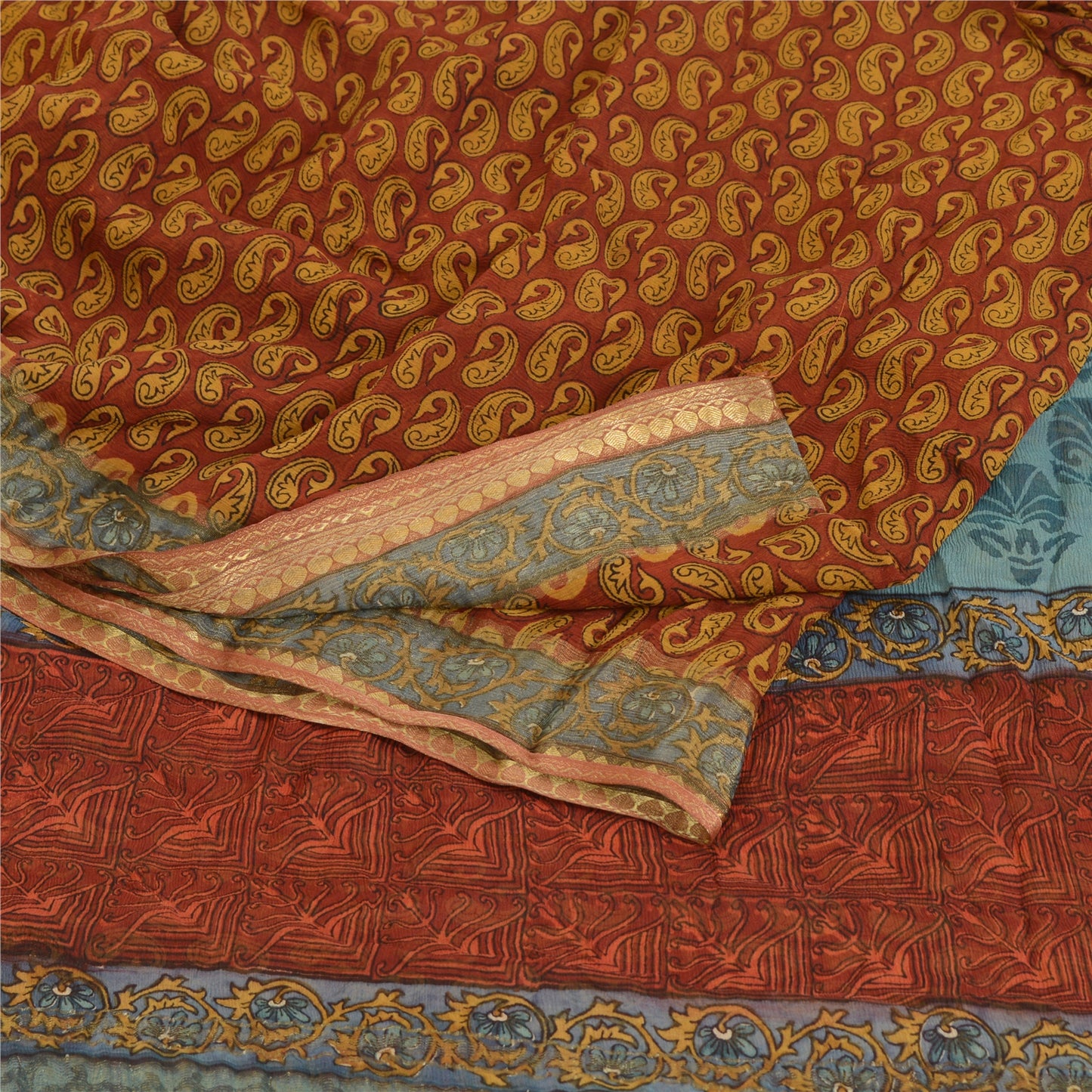 Sanskriti Vintage Saree Dark Red Pure Chiffon Silk Printed Sari Craft Fabric