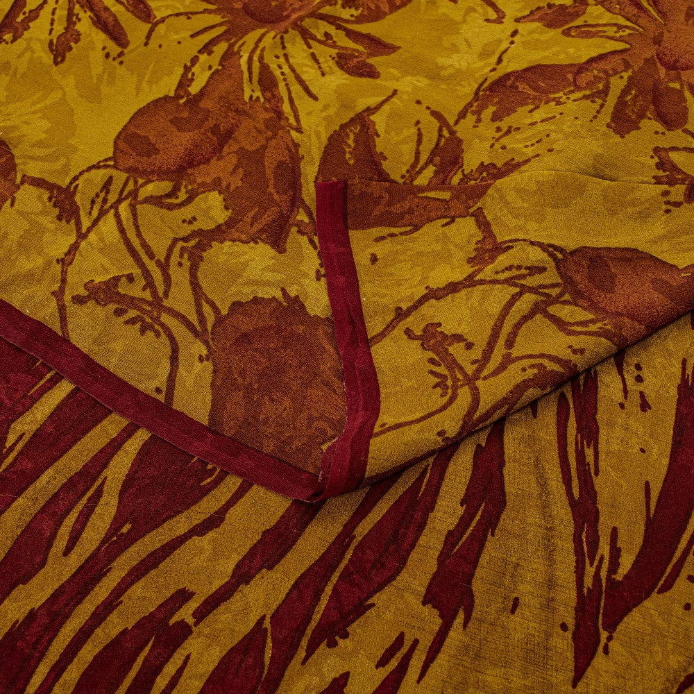 Sanskriti Vintage Sarees Mustard/Red Pure Georgette Silk Printed Sari 5yd Sustainable Fabric