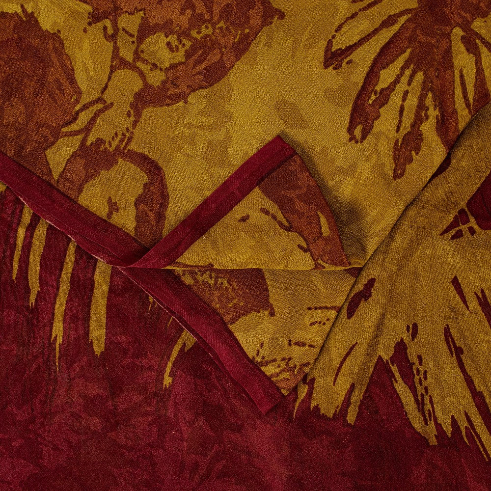 Sanskriti Vintage Sarees Mustard/Red Pure Georgette Silk Printed Sari 5yd Sustainable Fabric
