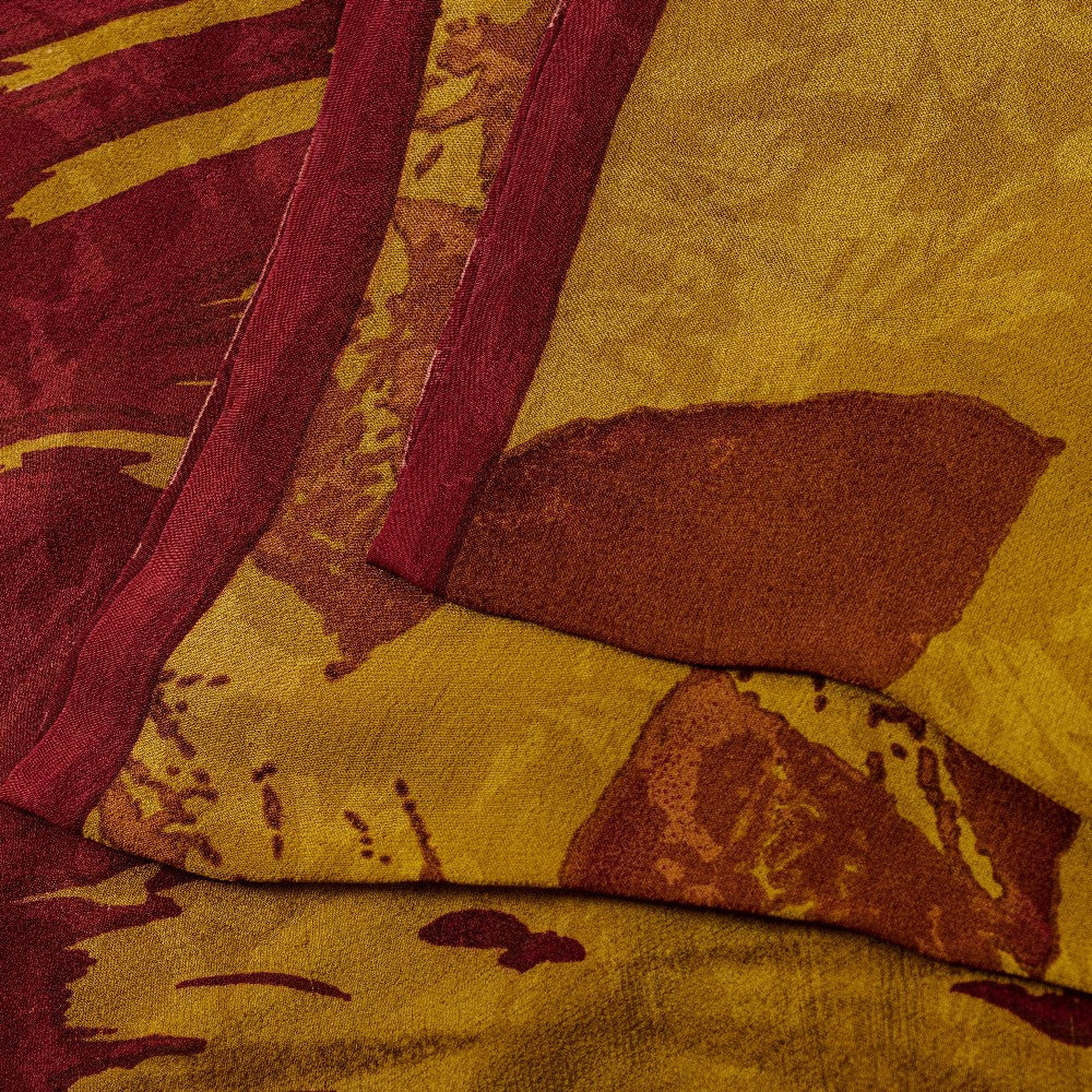 Sanskriti Vintage Sarees Mustard/Red Pure Georgette Silk Printed Sari 5yd Sustainable Fabric