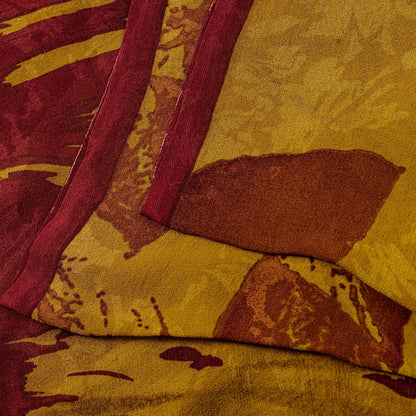 Sanskriti Vintage Sarees Mustard/Red Pure Georgette Silk Printed Sari 5yd Sustainable Fabric
