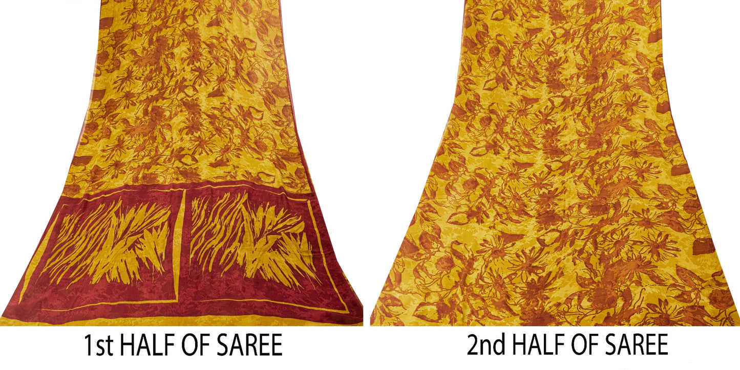 Sanskriti Vintage Sarees Mustard/Red Pure Georgette Silk Printed Sari 5yd Sustainable Fabric