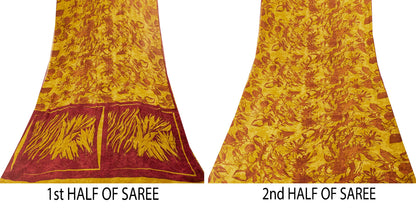 Sanskriti Vintage Sarees Mustard/Red Pure Georgette Silk Printed Sari 5yd Sustainable Fabric