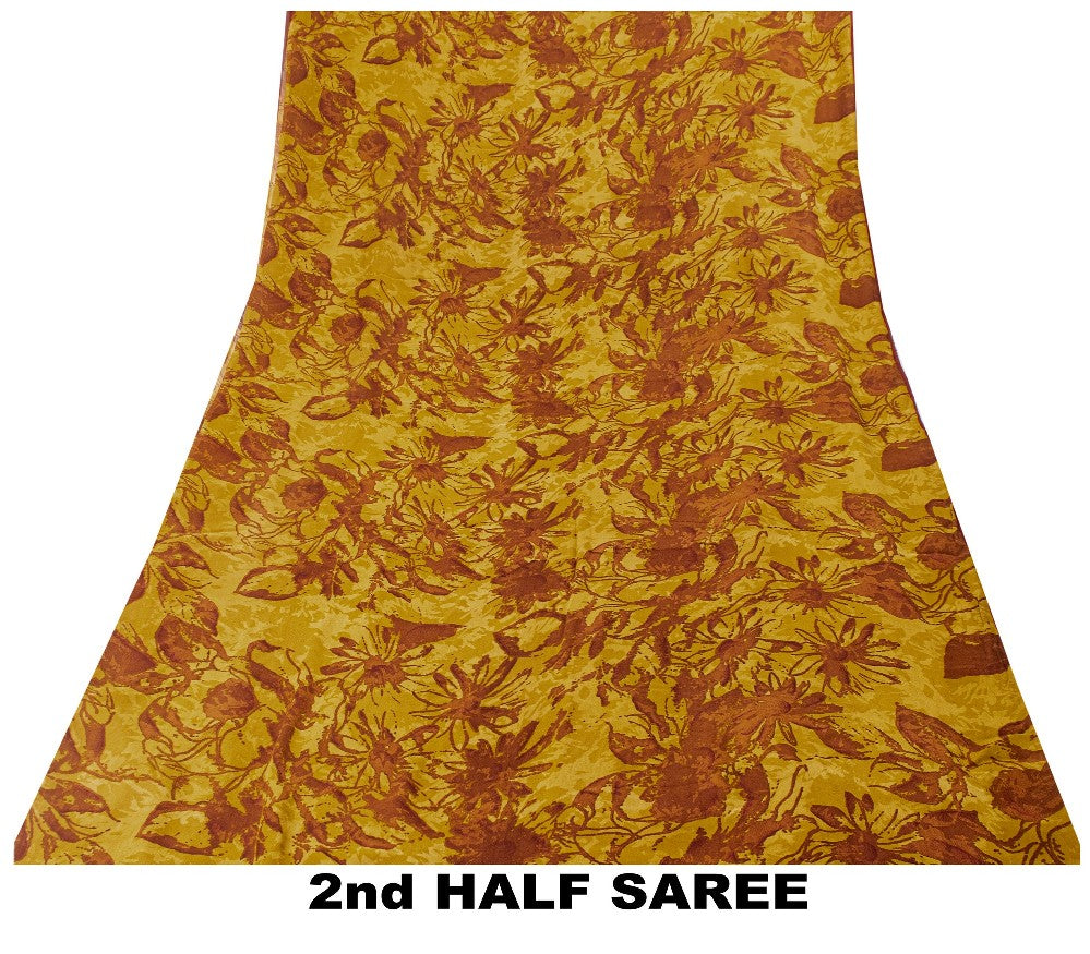 Sanskriti Vintage Sarees Mustard/Red Pure Georgette Silk Printed Sari 5yd Sustainable Fabric