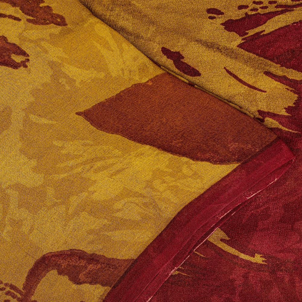 Sanskriti Vintage Sarees Mustard/Red Pure Georgette Silk Printed Sari 5yd Sustainable Fabric