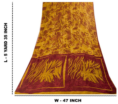 Sanskriti Vintage Sarees Mustard/Red Pure Georgette Silk Printed Sari 5yd Sustainable Fabric