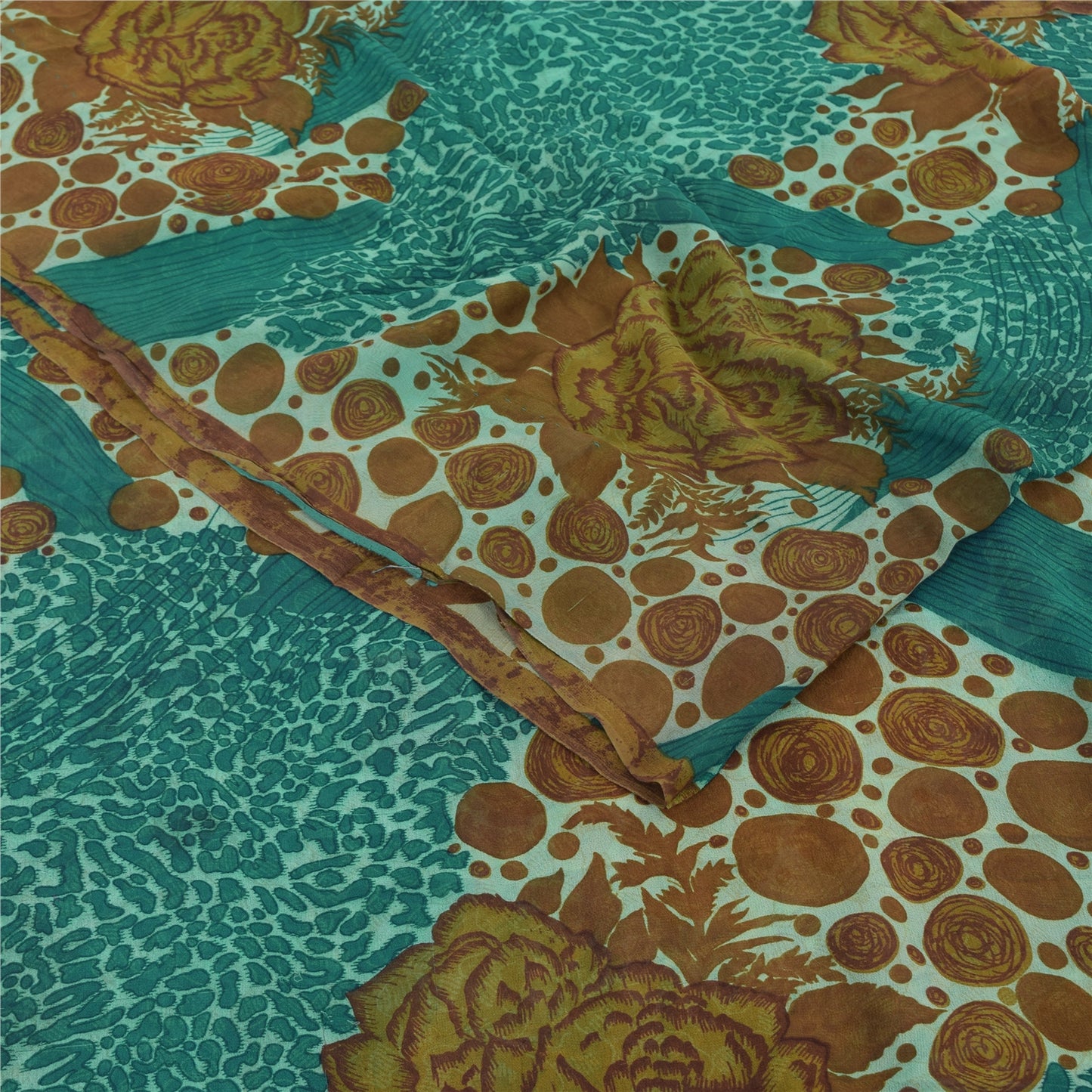 Sanskriti Vintage Sarees Blue/Brown Pure Georgette Silk Print Sari Craft Sustainable Fabric