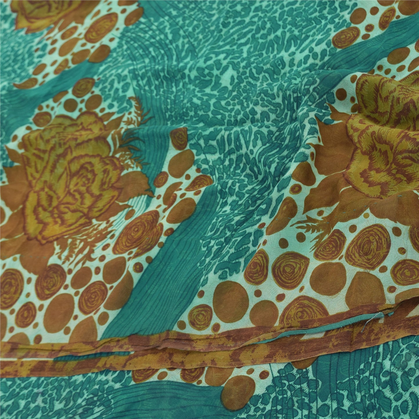 Sanskriti Vintage Sarees Blue/Brown Pure Georgette Silk Print Sari Craft Sustainable Fabric