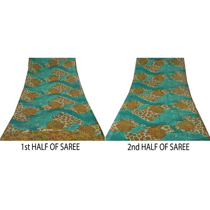 Sanskriti Vintage Sarees Blue/Brown Pure Georgette Silk Print Sari Craft Sustainable Fabric