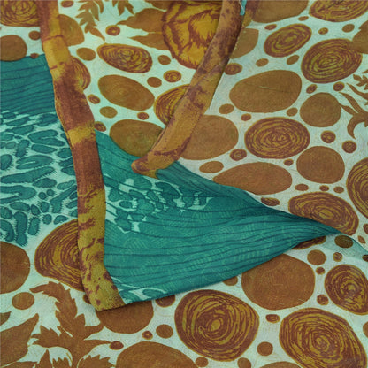 Sanskriti Vintage Sarees Blue/Brown Pure Georgette Silk Print Sari Craft Sustainable Fabric