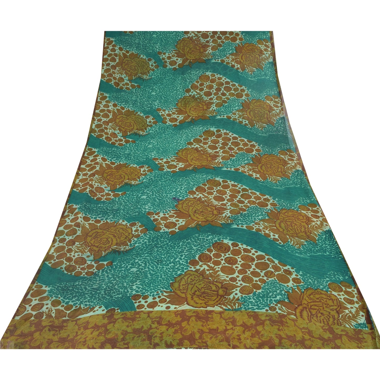 Sanskriti Vintage Sarees Blue/Brown Pure Georgette Silk Print Sari Craft Sustainable Fabric