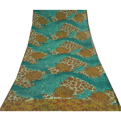 Sanskriti Vintage Sarees Blue/Brown Pure Georgette Silk Print Sari Craft Sustainable Fabric