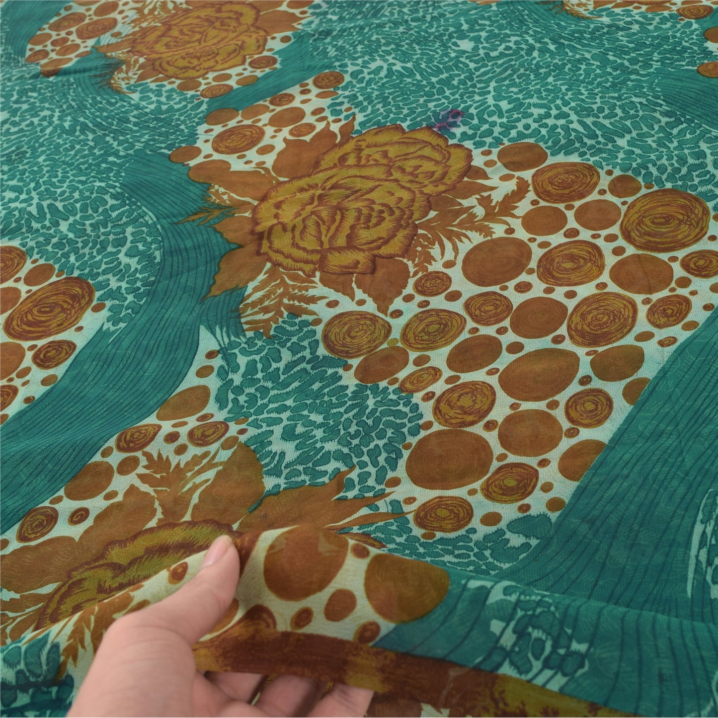 Sanskriti Vintage Sarees Blue/Brown Pure Georgette Silk Print Sari Craft Sustainable Fabric