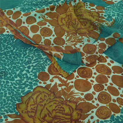 Sanskriti Vintage Sarees Blue/Brown Pure Georgette Silk Print Sari Craft Sustainable Fabric