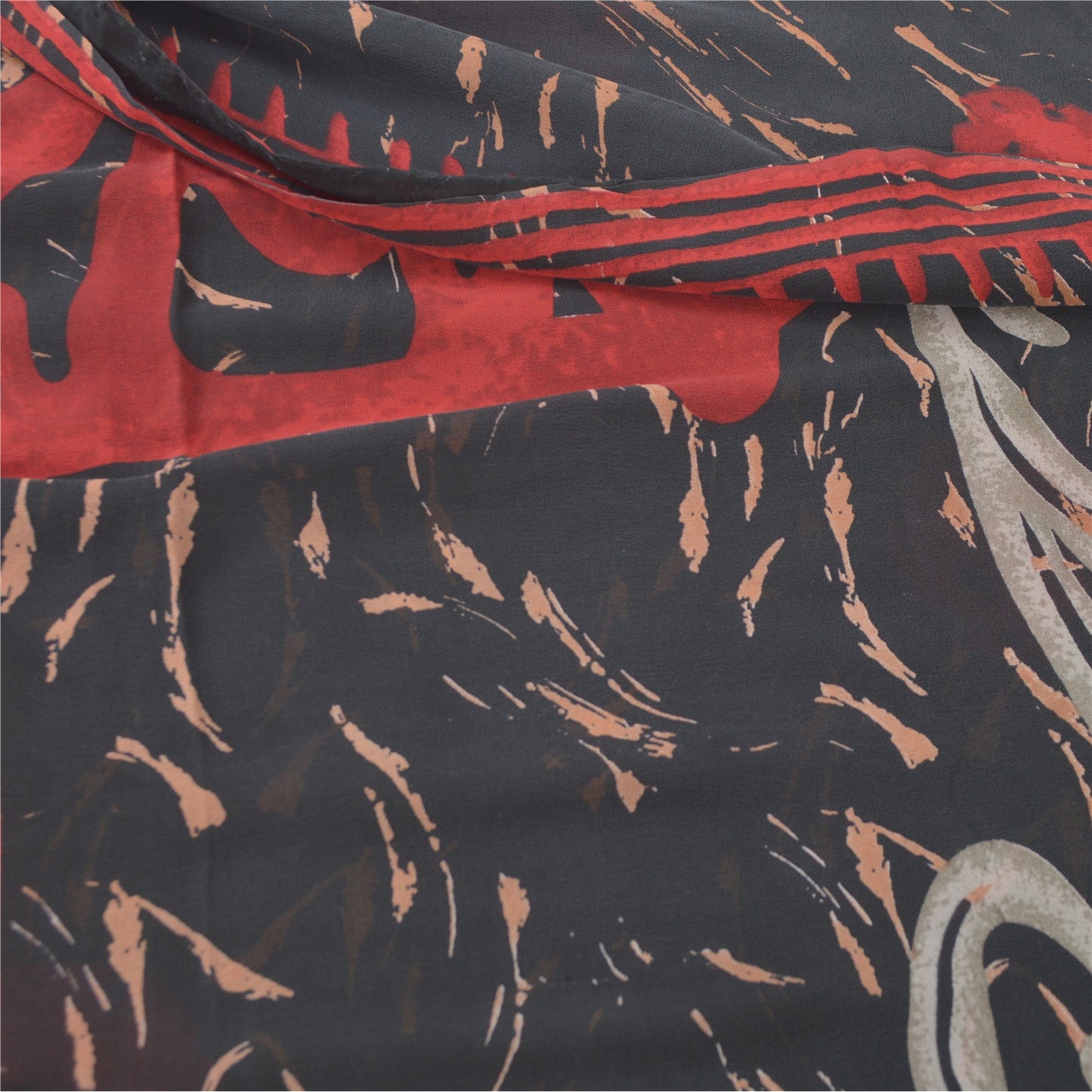 Sanskriti Vintage Sarees Black/Red Pure Georgette Silk Printed Sari Craft Sustainable Fabric