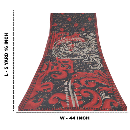 Sanskriti Vintage Sarees Black/Red Pure Georgette Silk Printed Sari Craft Sustainable Fabric
