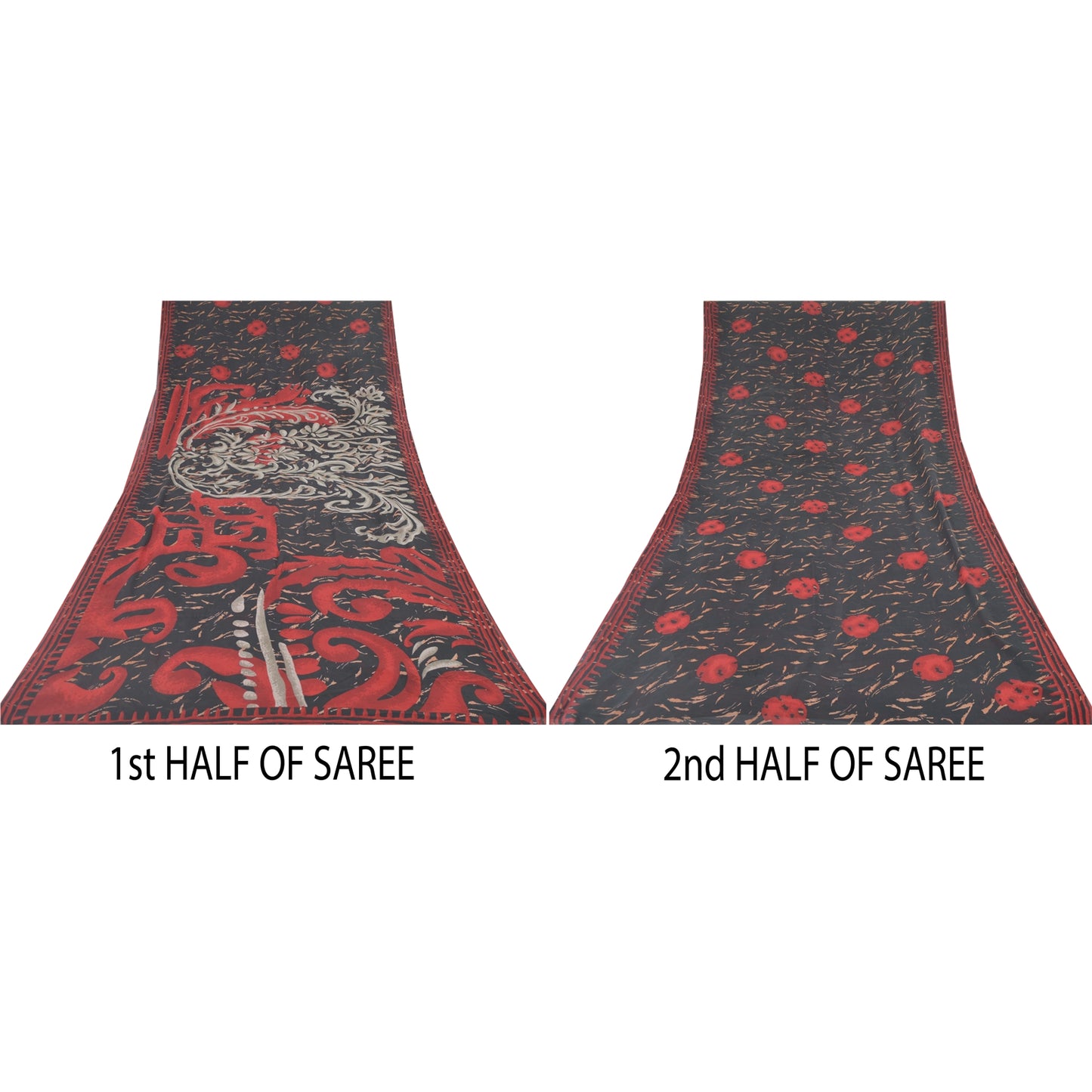 Sanskriti Vintage Sarees Black/Red Pure Georgette Silk Printed Sari Craft Sustainable Fabric