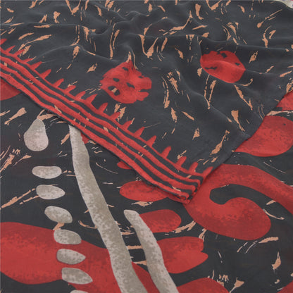 Sanskriti Vintage Sarees Black/Red Pure Georgette Silk Printed Sari Craft Sustainable Fabric