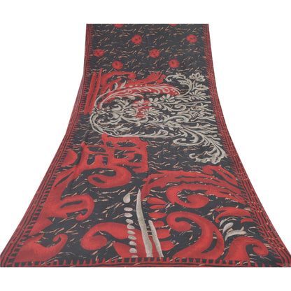 Sanskriti Vintage Sarees Black/Red Pure Georgette Silk Printed Sari Craft Sustainable Fabric