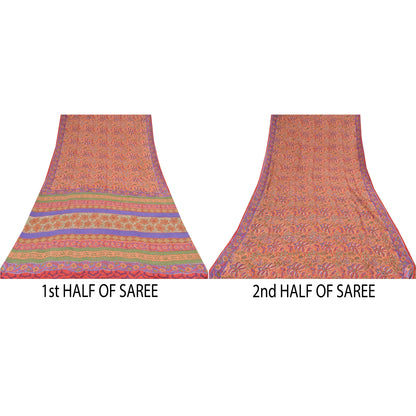 Sanskriti Vintage Sarees Peach 100% Pure Georgette Printed Sari 5yd Craft Sustainable Fabric