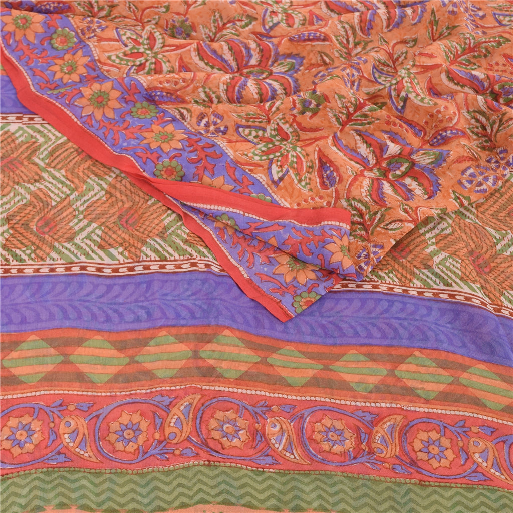 Sanskriti Vintage Sarees Peach 100% Pure Georgette Printed Sari 5yd Craft Sustainable Fabric
