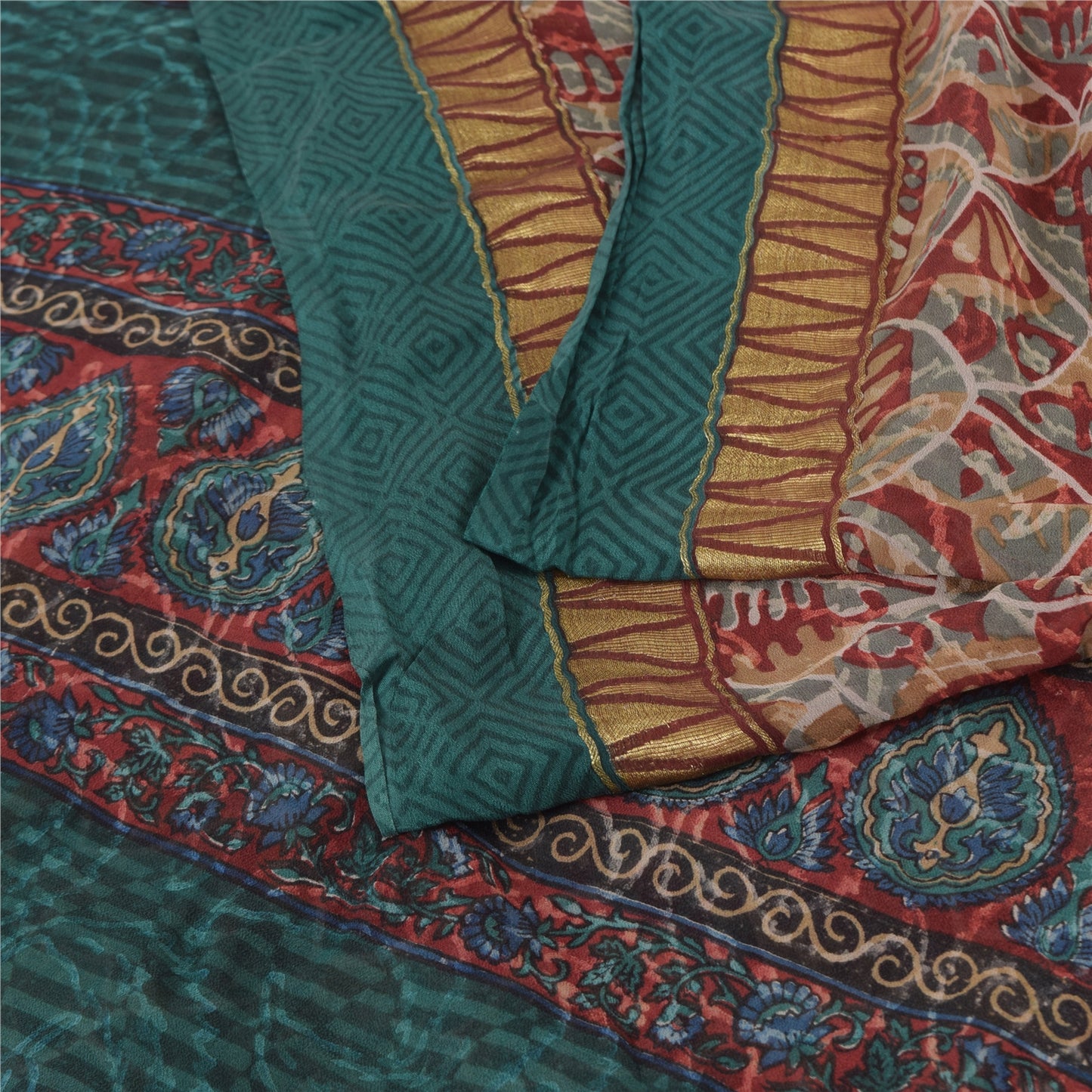 Sanskriti Vintage Sarees Green/Blue Blend Georgette Printed Sari 5yd CraftSustainable Fabric