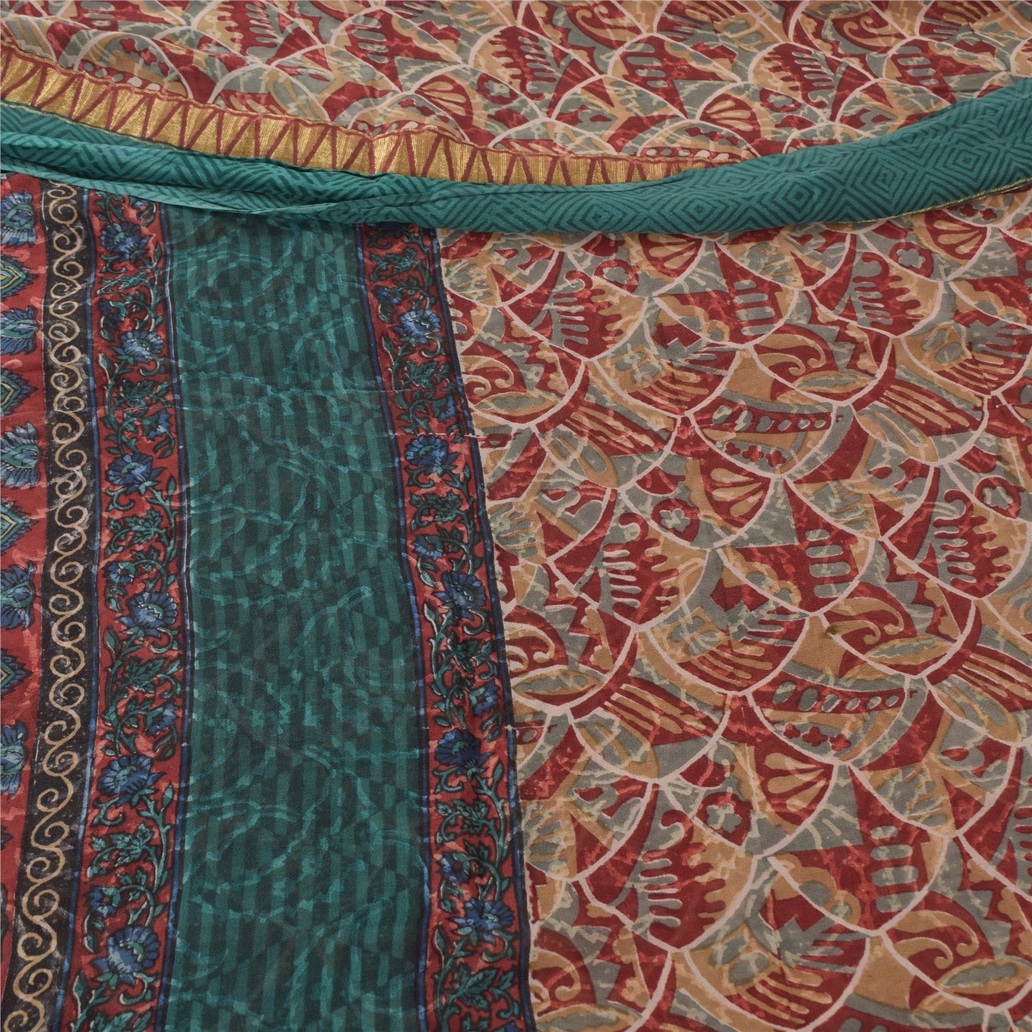 Sanskriti Vintage Sarees Green/Blue Blend Georgette Printed Sari 5yd CraftSustainable Fabric