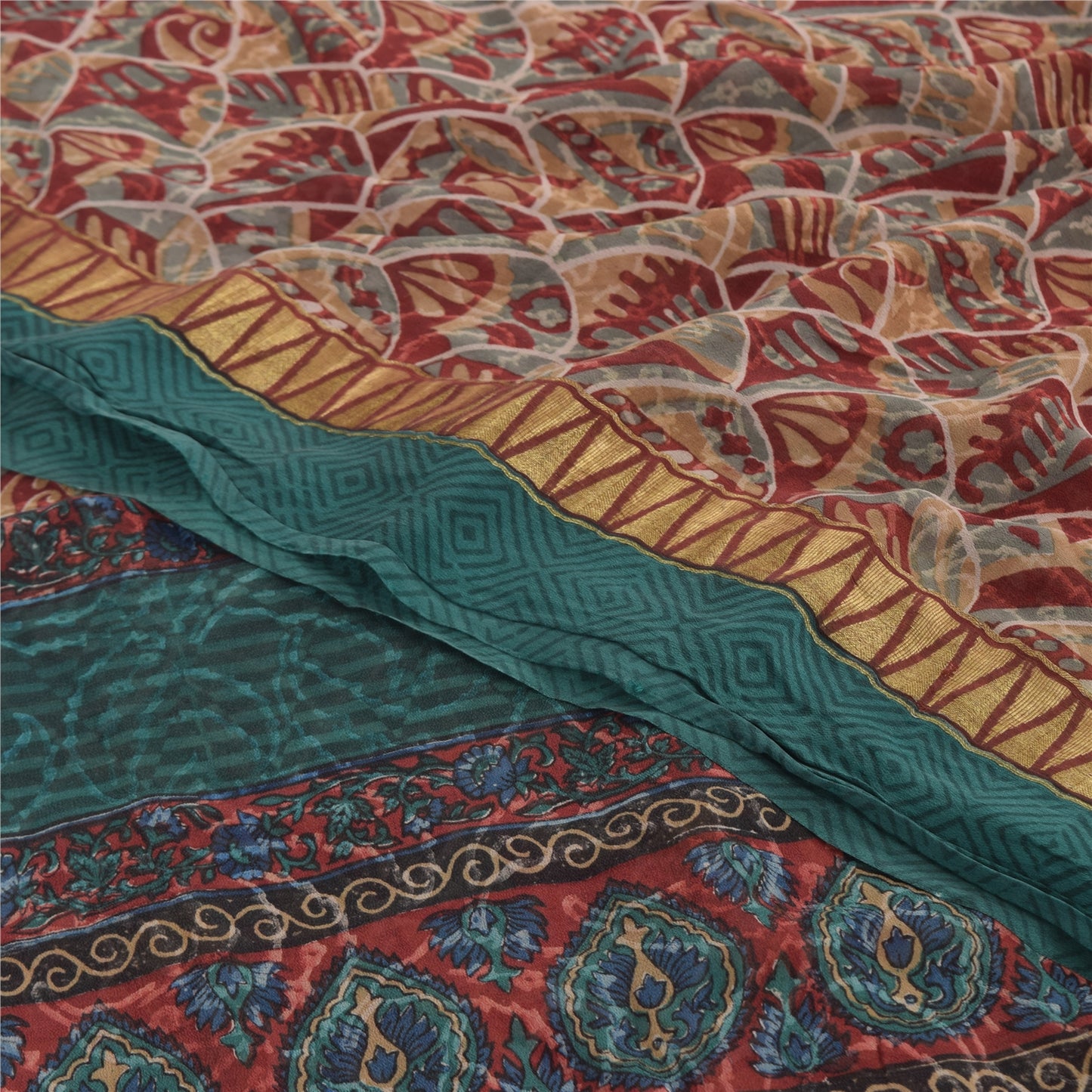 Sanskriti Vintage Sarees Green/Blue Blend Georgette Printed Sari 5yd CraftSustainable Fabric