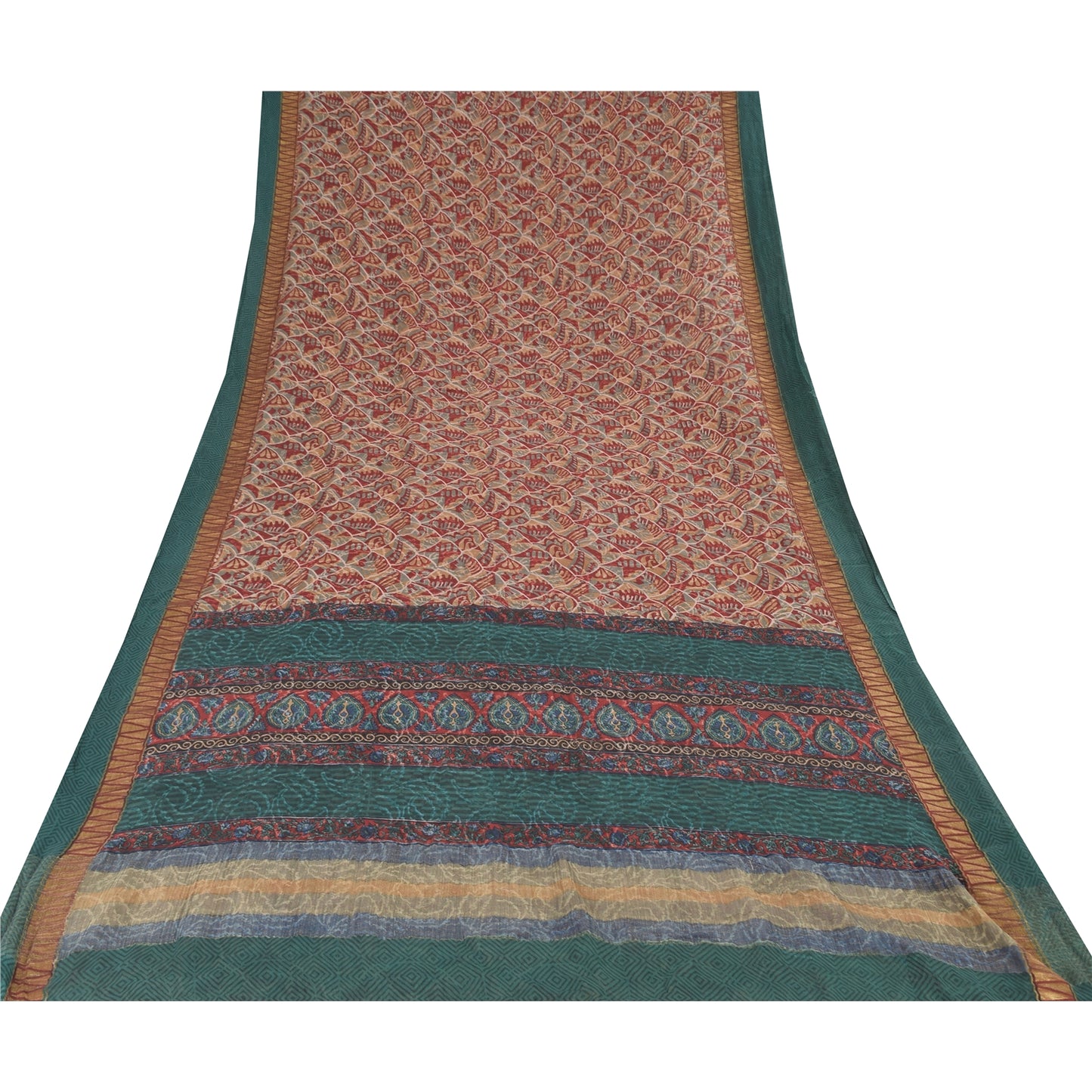 Sanskriti Vintage Sarees Green/Blue Blend Georgette Printed Sari 5yd CraftSustainable Fabric