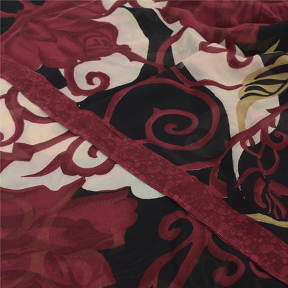 Sanskriti Vintage Sarees Red/Black Pure Georgette Silk Printed Sari 5yd Sustainable Fabric