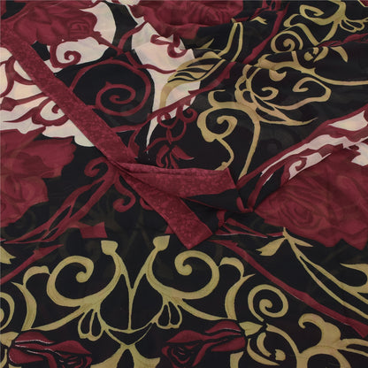 Sanskriti Vintage Sarees Red/Black Pure Georgette Silk Printed Sari 5yd Sustainable Fabric