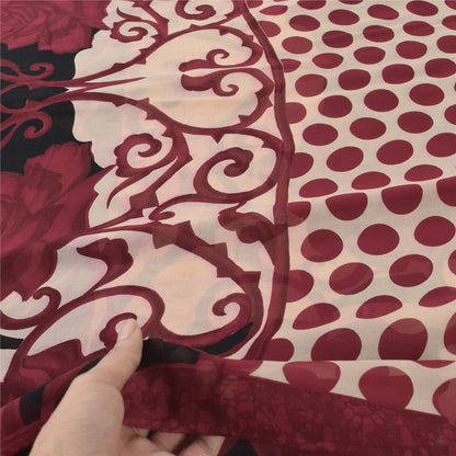 Sanskriti Vintage Sarees Red/Black Pure Georgette Silk Printed Sari 5yd Sustainable Fabric