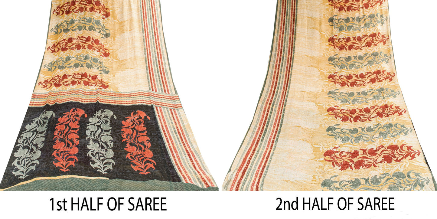 Sanskriti Vintage Sarier Beige Ren Georgette Silke Trykt Sari 5yd Håndværk Bæredygtigt Stoff