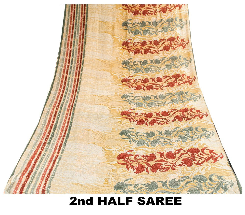 Sanskriti Vintage Sarier Beige Ren Georgette Silke Trykt Sari 5yd Håndværk Bæredygtigt Stoff