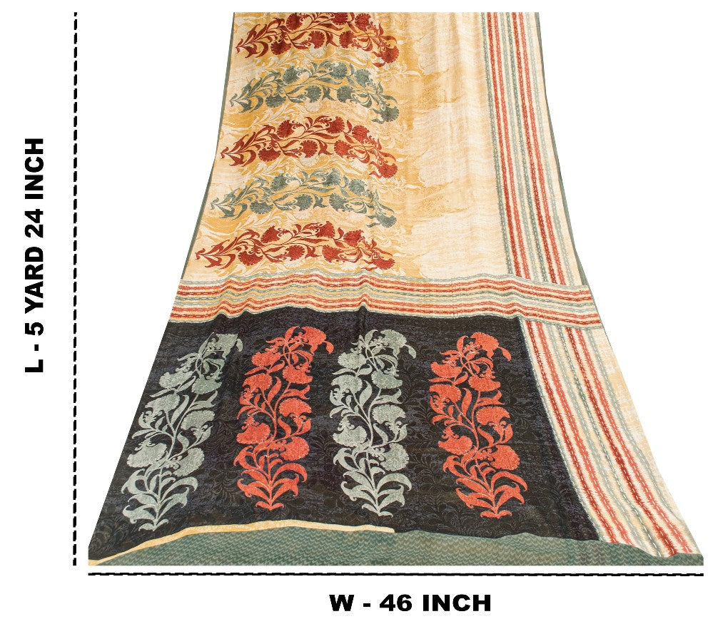 Sanskriti Vintage Sarier Beige Ren Georgette Silke Trykt Sari 5yd Håndværk Bæredygtigt Stoff