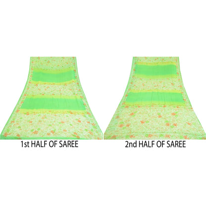 Sanskriti Vintage Sarees Green Pure Georgette Silk Printed Sari 5yd Craft Sustainable Fabric