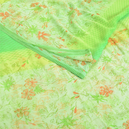 Sanskriti Vintage Sarees Green Pure Georgette Silk Printed Sari 5yd Craft Sustainable Fabric