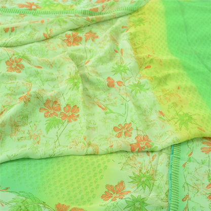 Sanskriti Vintage Sarees Green Pure Georgette Silk Printed Sari 5yd Craft Sustainable Fabric