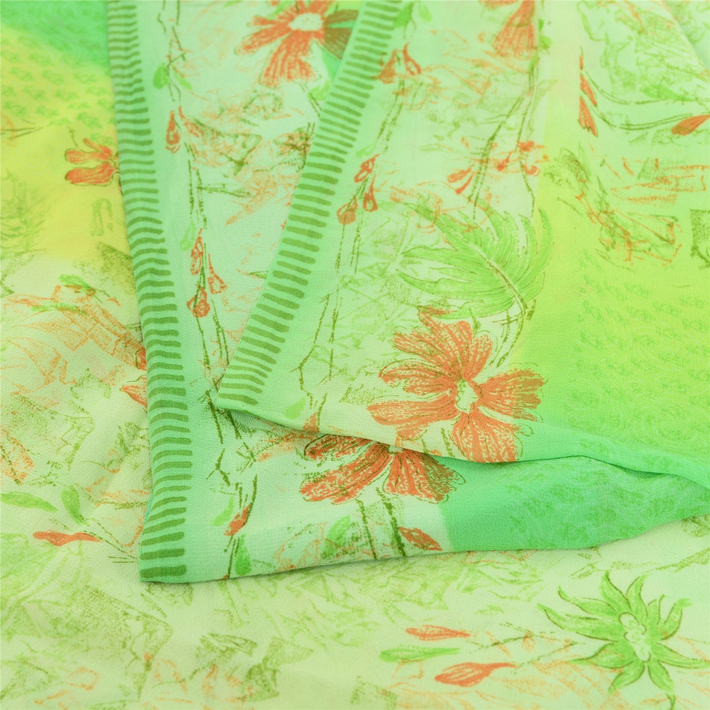 Sanskriti Vintage Sarees Green Pure Georgette Silk Printed Sari 5yd Craft Sustainable Fabric