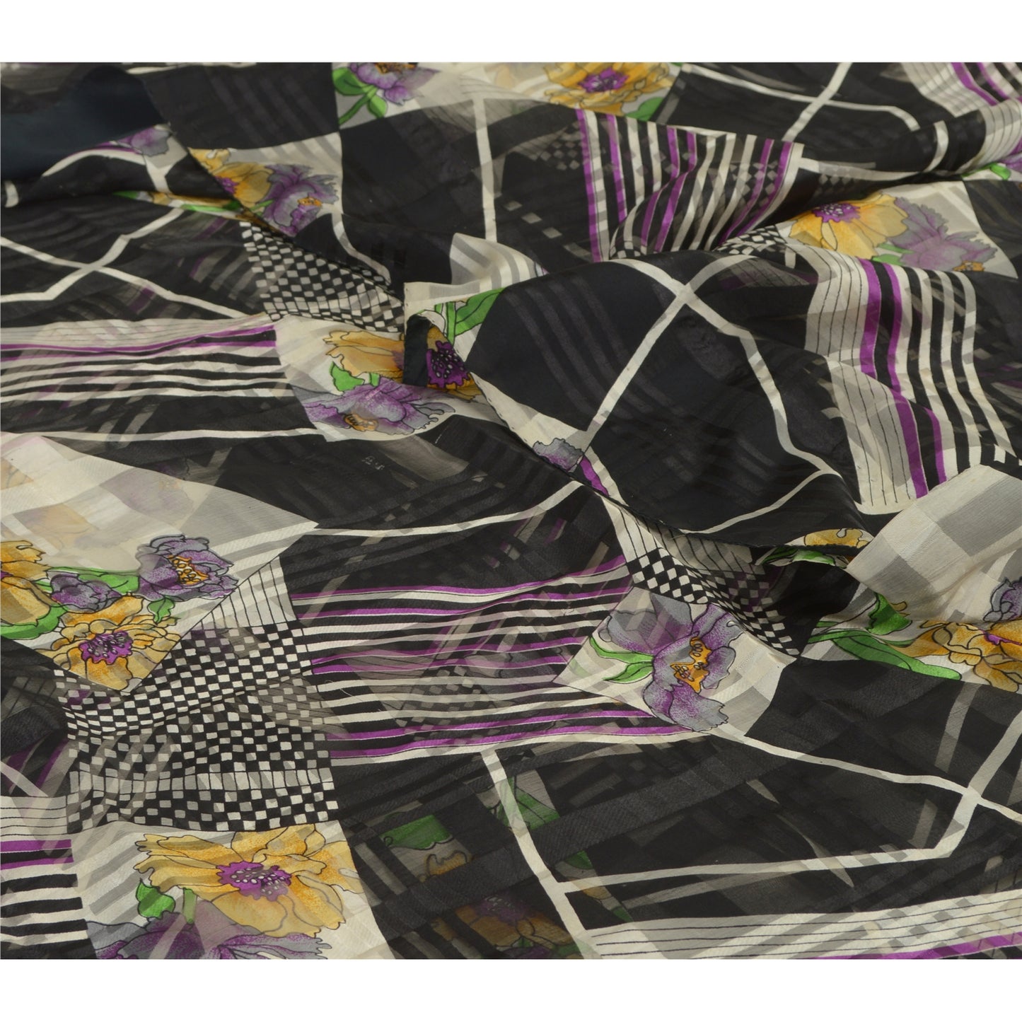 Сари Sanskriti Vintage, черное, чистый шелк, жоржет, напечатанное сари, 5 ярдов, ткань для рукоделия, устойчивая к истиранию