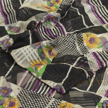 Сари Sanskriti Vintage, черное, чистый шелк, жоржет, напечатанное сари, 5 ярдов, ткань для рукоделия, устойчивая к истиранию