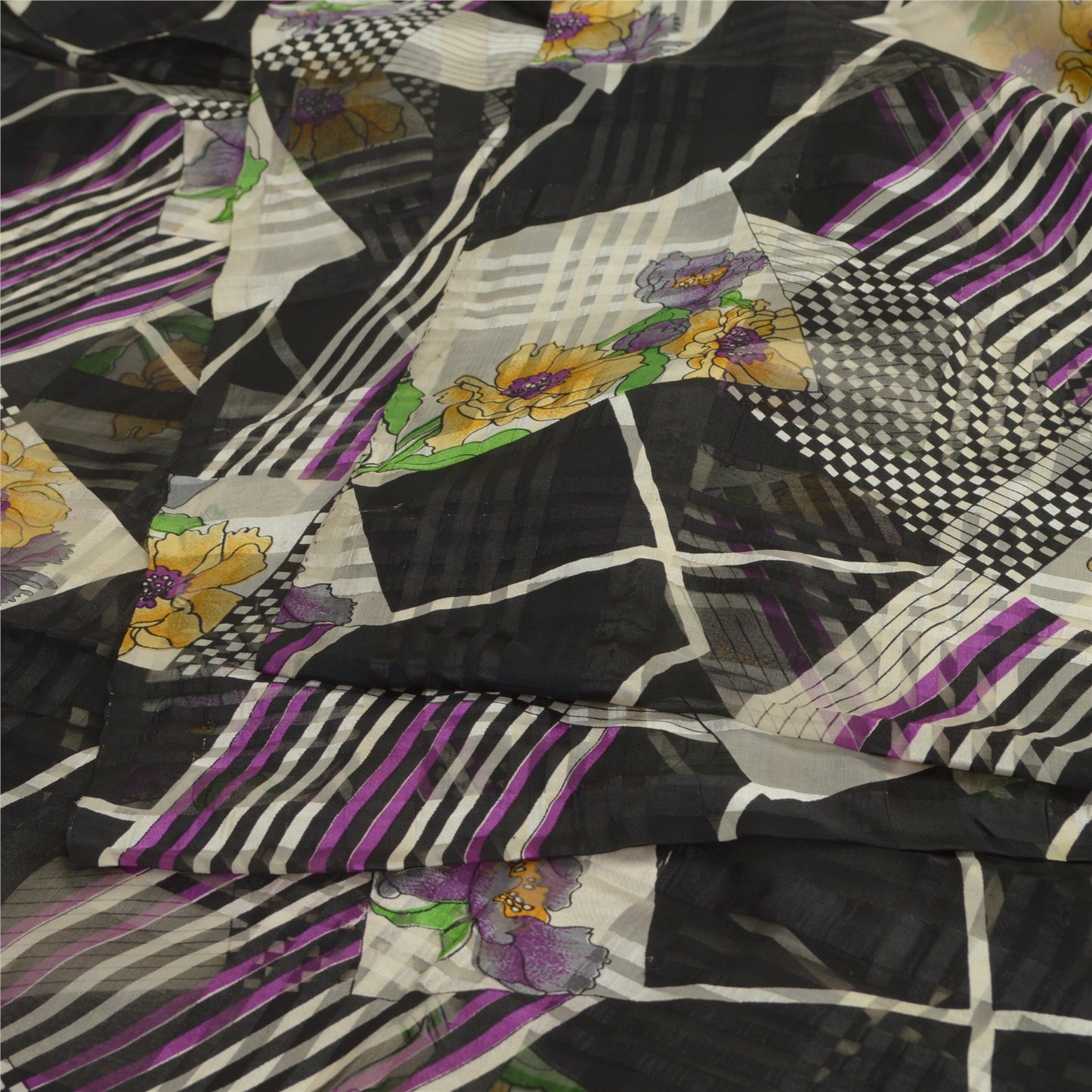 Сари Sanskriti Vintage, черное, чистый шелк, жоржет, напечатанное сари, 5 ярдов, ткань для рукоделия, устойчивая к истиранию