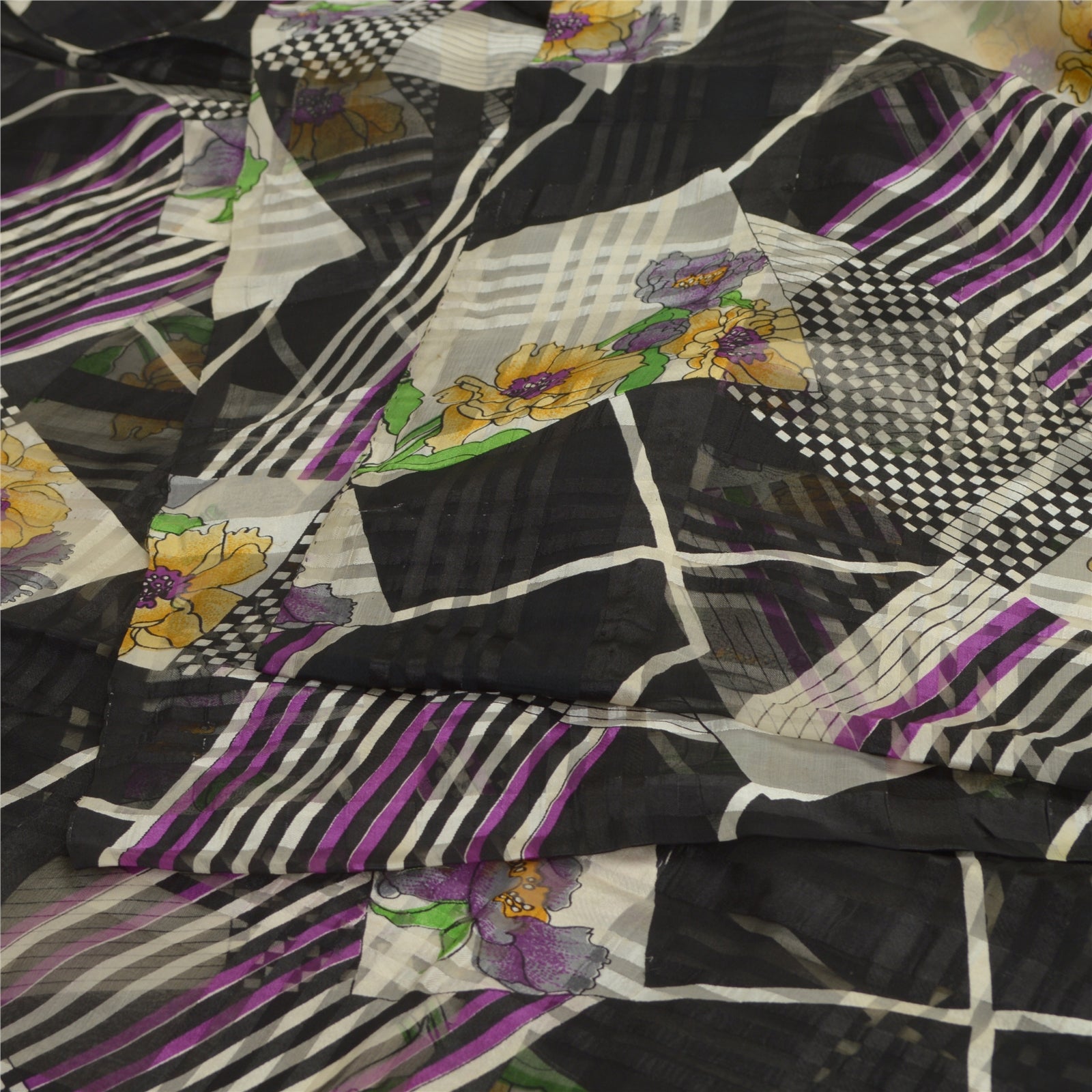 Sanskriti Vintage Sarees Sorte Ren Georgette Silke Trykt Sari 5yd Håndværk Bæredygtigt Stoff