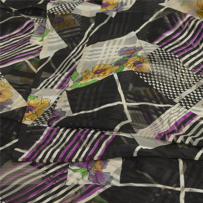 Сари Sanskriti Vintage, черное, чистый шелк, жоржет, напечатанное сари, 5 ярдов, ткань для рукоделия, устойчивая к истиранию