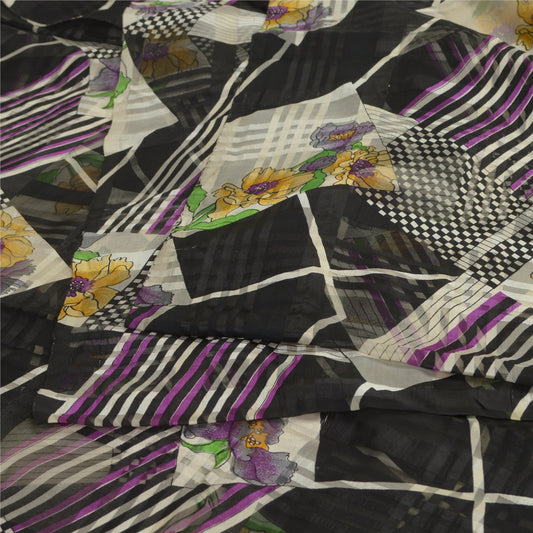 Сари Sanskriti Vintage, черное, чистый шелк, жоржет, напечатанное сари, 5 ярдов, ткань для рукоделия, устойчивая к истиранию