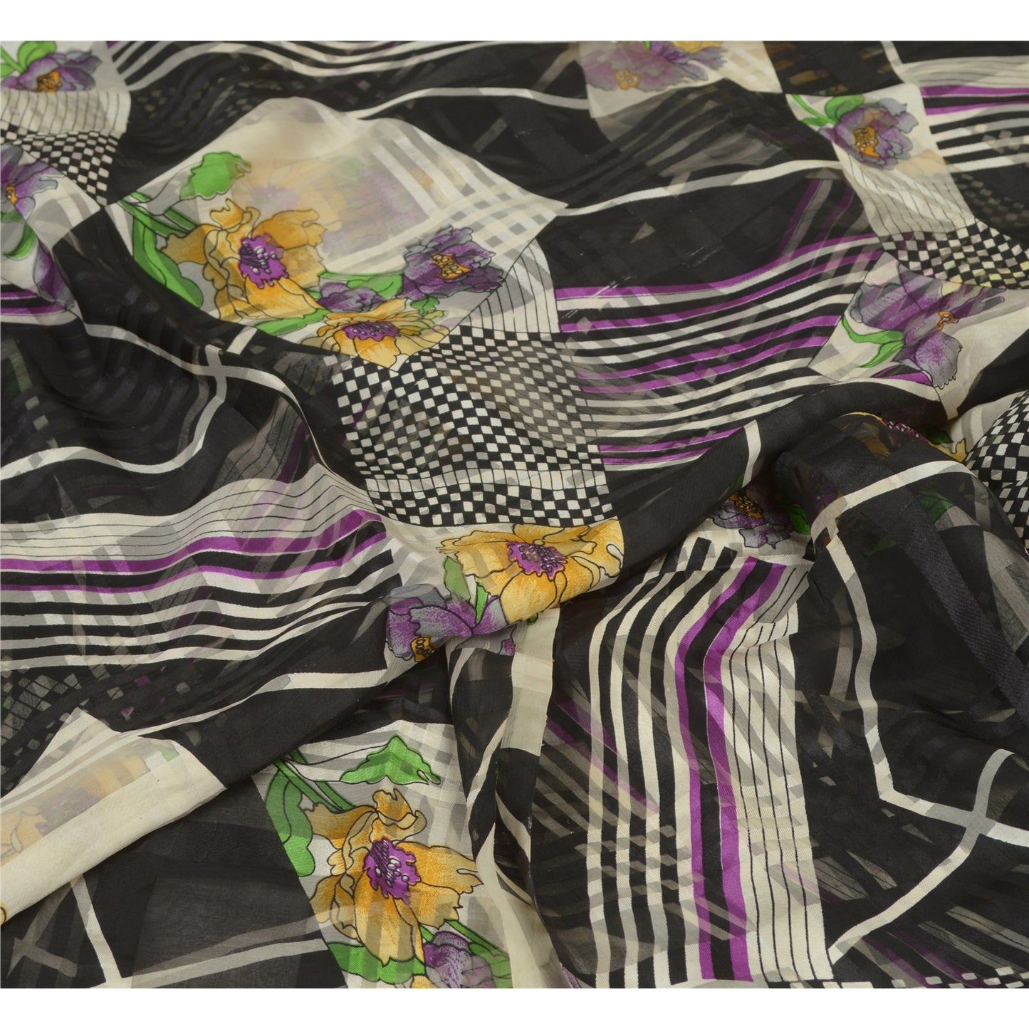 Сари Sanskriti Vintage, черное, чистый шелк, жоржет, напечатанное сари, 5 ярдов, ткань для рукоделия, устойчивая к истиранию