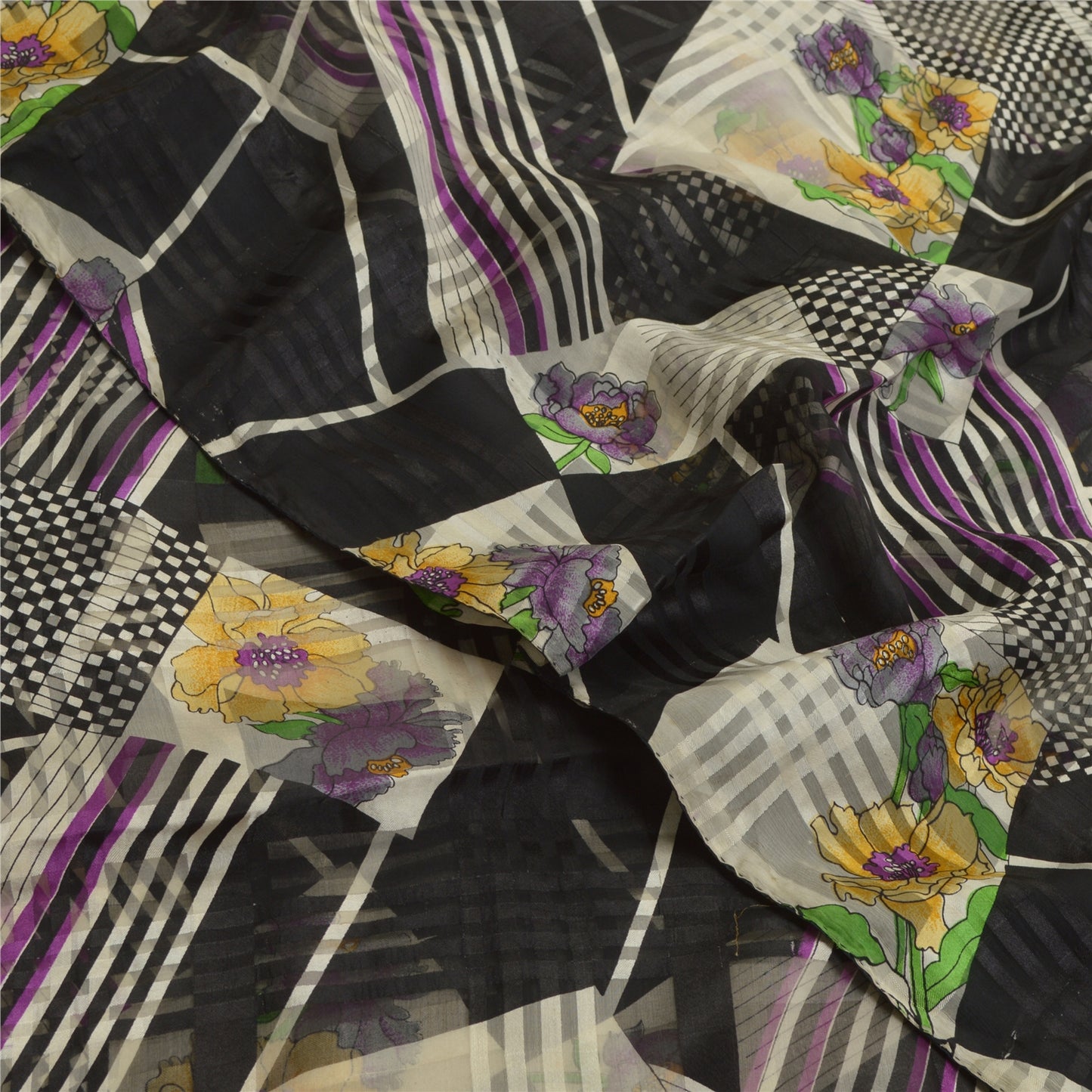 Сари Sanskriti Vintage, черное, чистый шелк, жоржет, напечатанное сари, 5 ярдов, ткань для рукоделия, устойчивая к истиранию